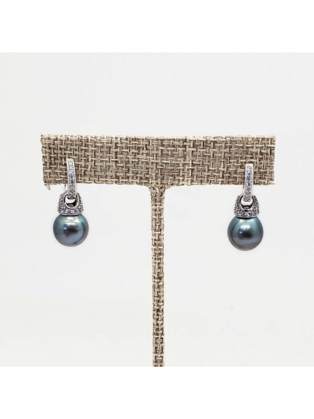 Cultured 10mm Tahitian Pearl & CZ Dangle Earrings Sterling Silver